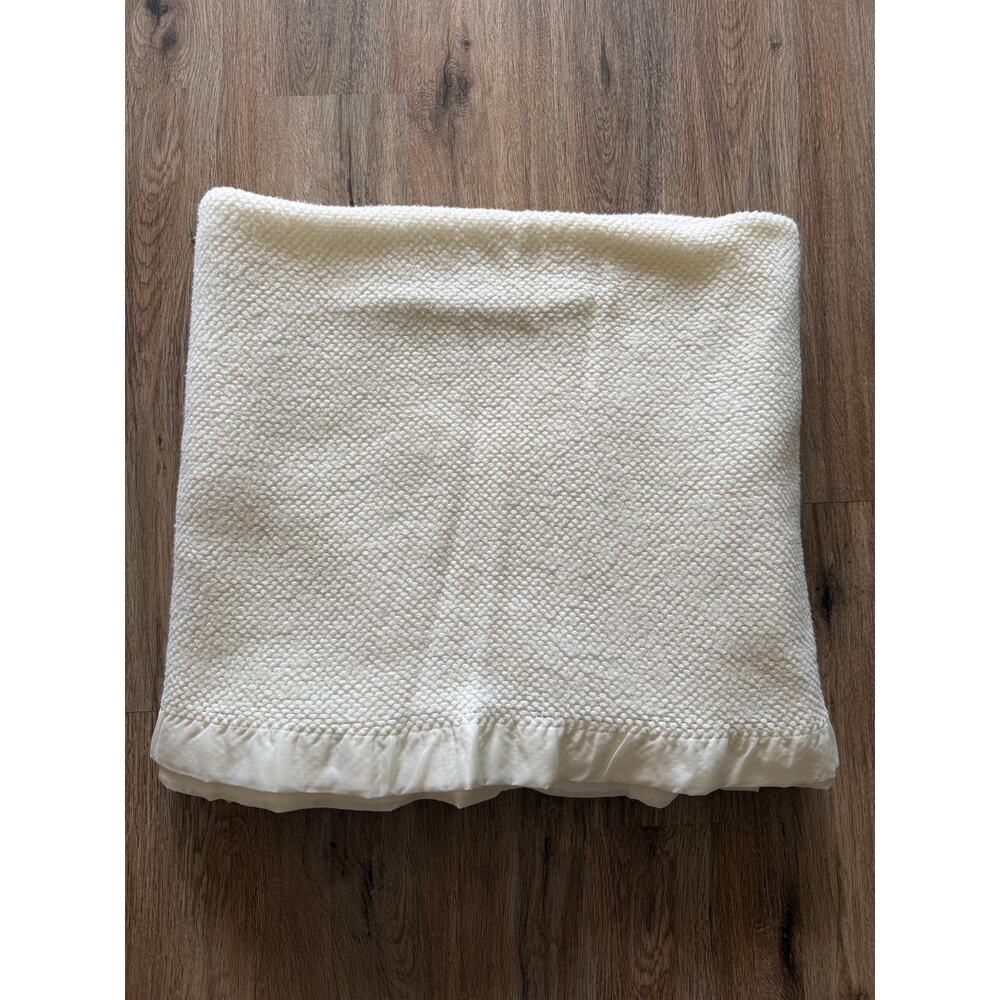 Vintage Cream Waffle Weave Blanket with Satin Trim 72”x82”